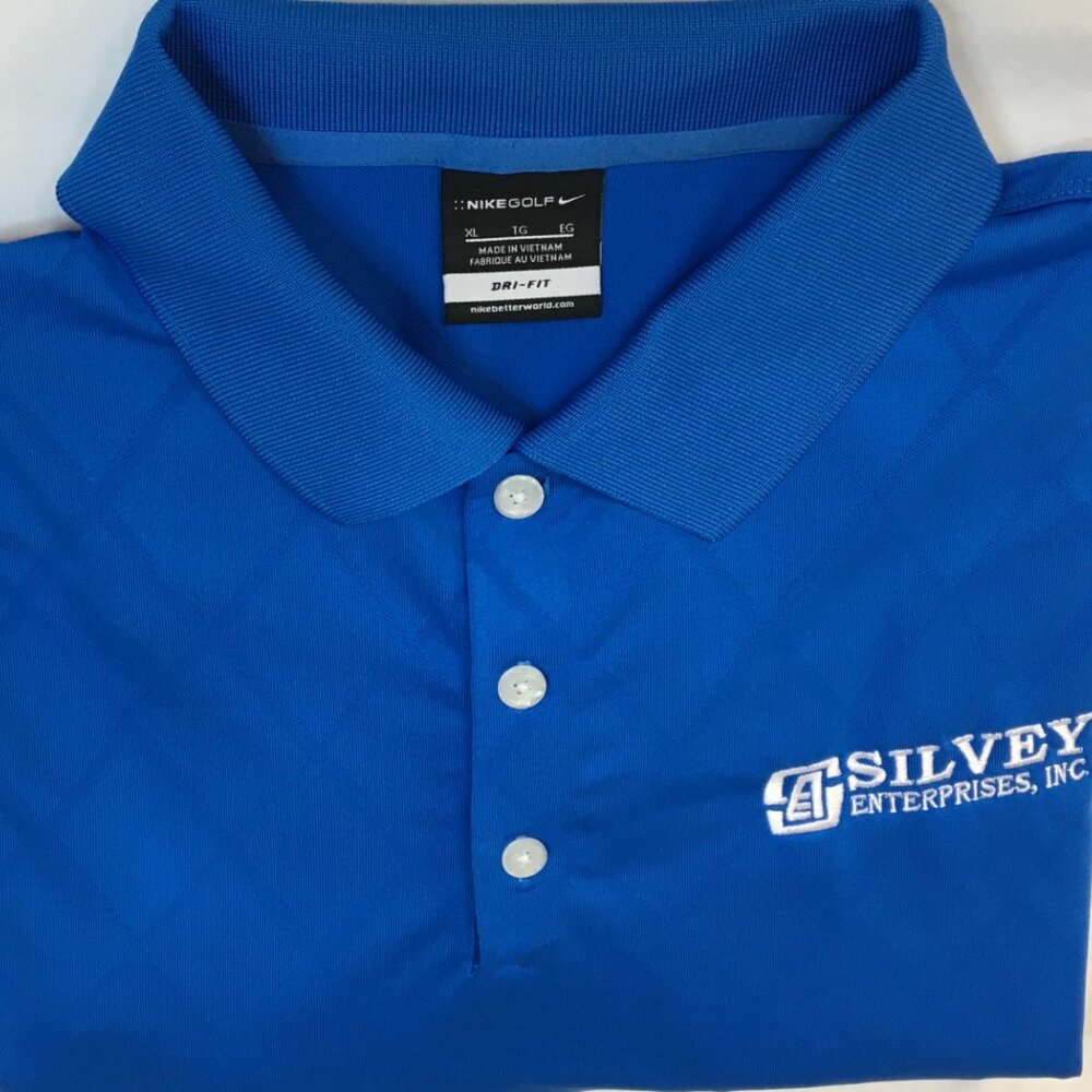 NIKE GOLF POLO SHIRT -XL BLUE SILVEY ENT. - DIAMOND DRI-FIT STRETCH PERFORMANCE